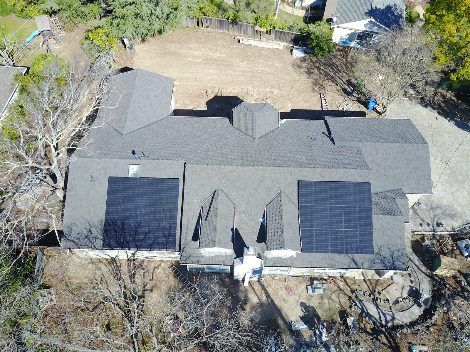 Aerial drone view of rooftop solar